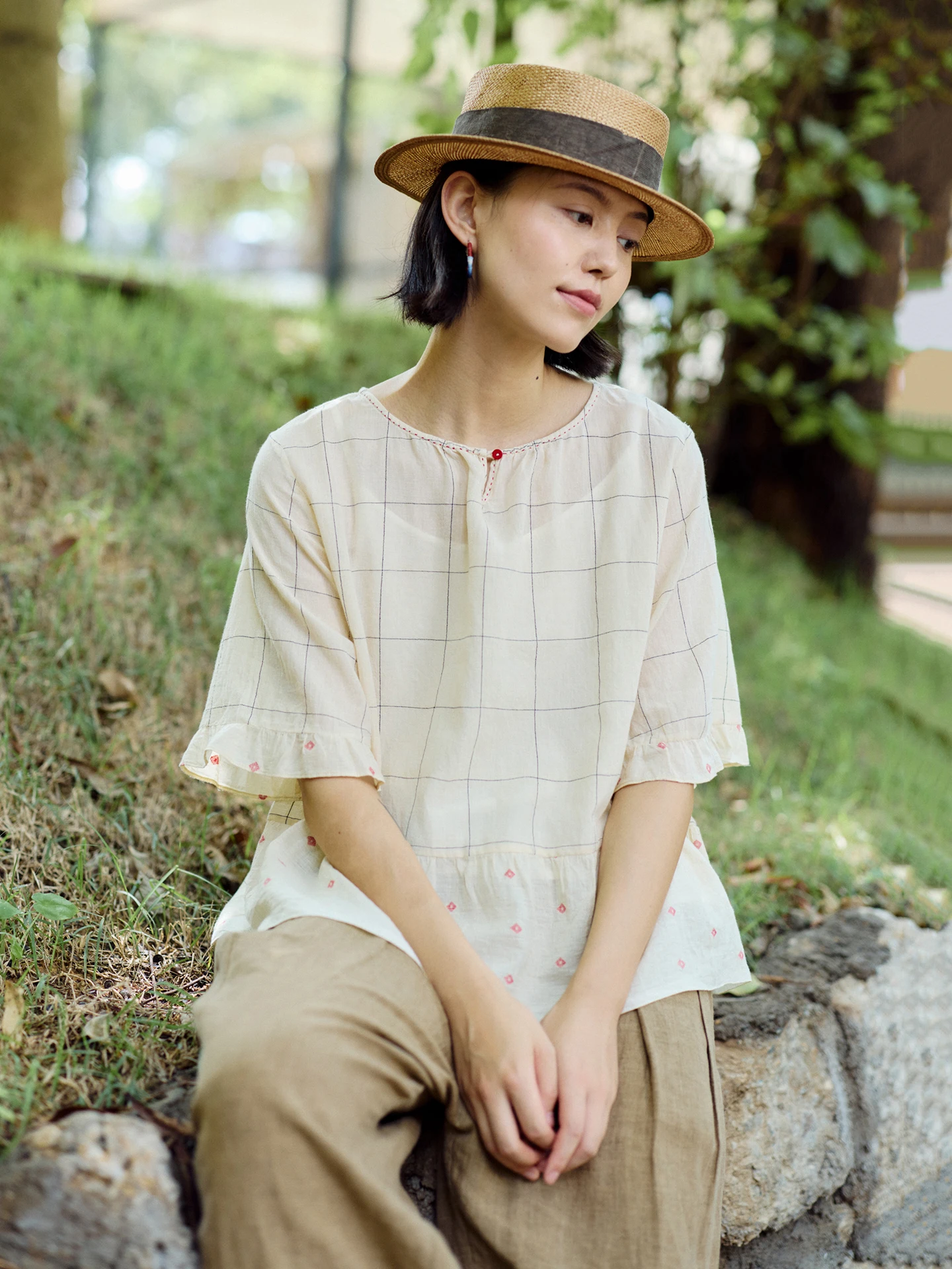 

Женская повседневная блузка из хлопка Jani ручной работы с круглым вырезом, двусторонняя, цвета светлый абрикос, свободного кроя, для работы и отдыха