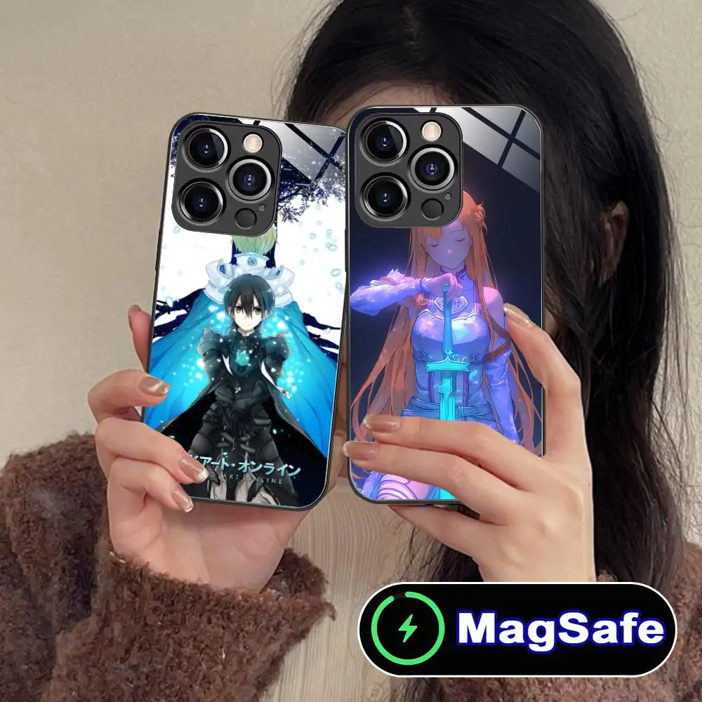 Funda de teléfono Sword Art Online para iPhone 16, 15, 14, 13, 12, 11 Pro Max Plus, Mini MagSafe, cristal de carga inalámbrica, teléfono inteligente de lujo
