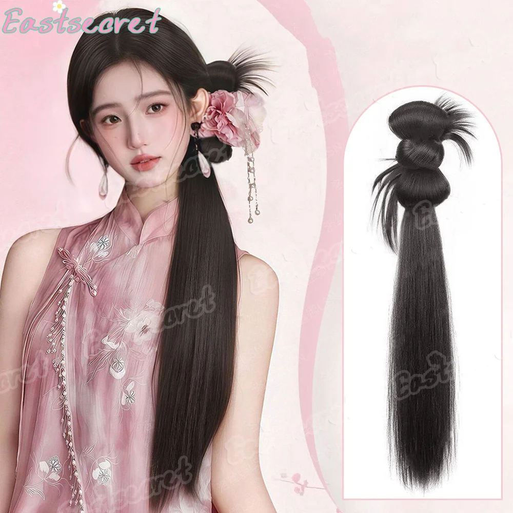 EAST Wig Hair Bun Grab Clip Style Ponytail Synthetic Wig Chicken Hair Bud Long Straight Side Tied Ponytail Headband Wig
