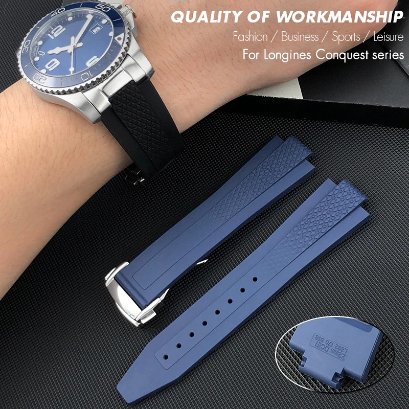 محدب لينة FKM الفلوروروبر المطاط حزام الساعات ل ل لونجين L3 830 835 Hydroconquest Conquest GMT V.H.P 21 مللي متر 22 مللي متر حزام ساعة اليد