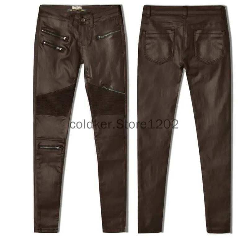 Women's Pu Slim Pants Zippered Faux Leather Stretch Skinny Fit Motorcycle Jeans in White Brown Black Pencil Biker Pants
