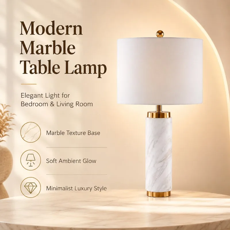 Modern Marble Bedside Light Luxury Gold Fabric Shade 3 Color LED Desk Lamp for Bedroom Living Room Office Hotel Home Table Lamp