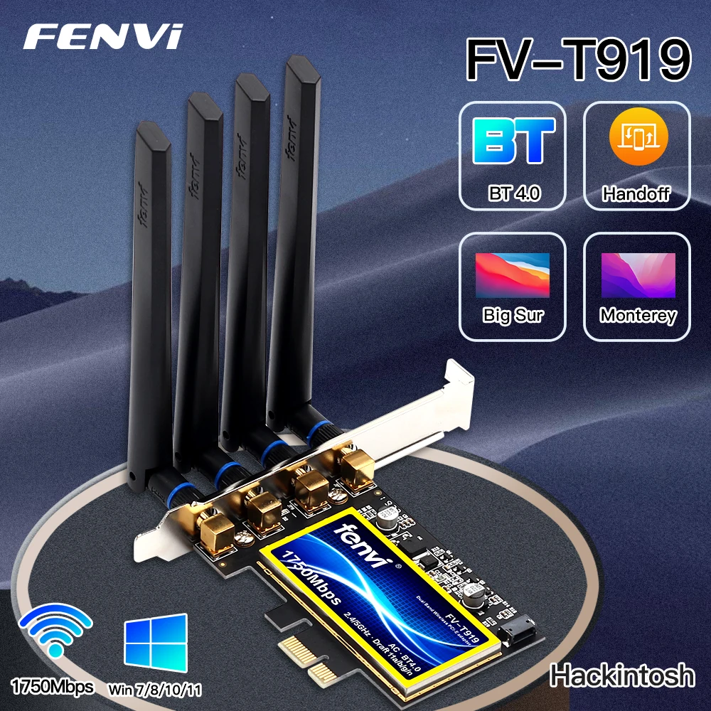 Карта Wi-Fi Fenvi T919 PCIe для настольных ПК, беспроводная скорость 1750 Мбит/с с набором микросхем BCM94360, Bluetooth 4,0