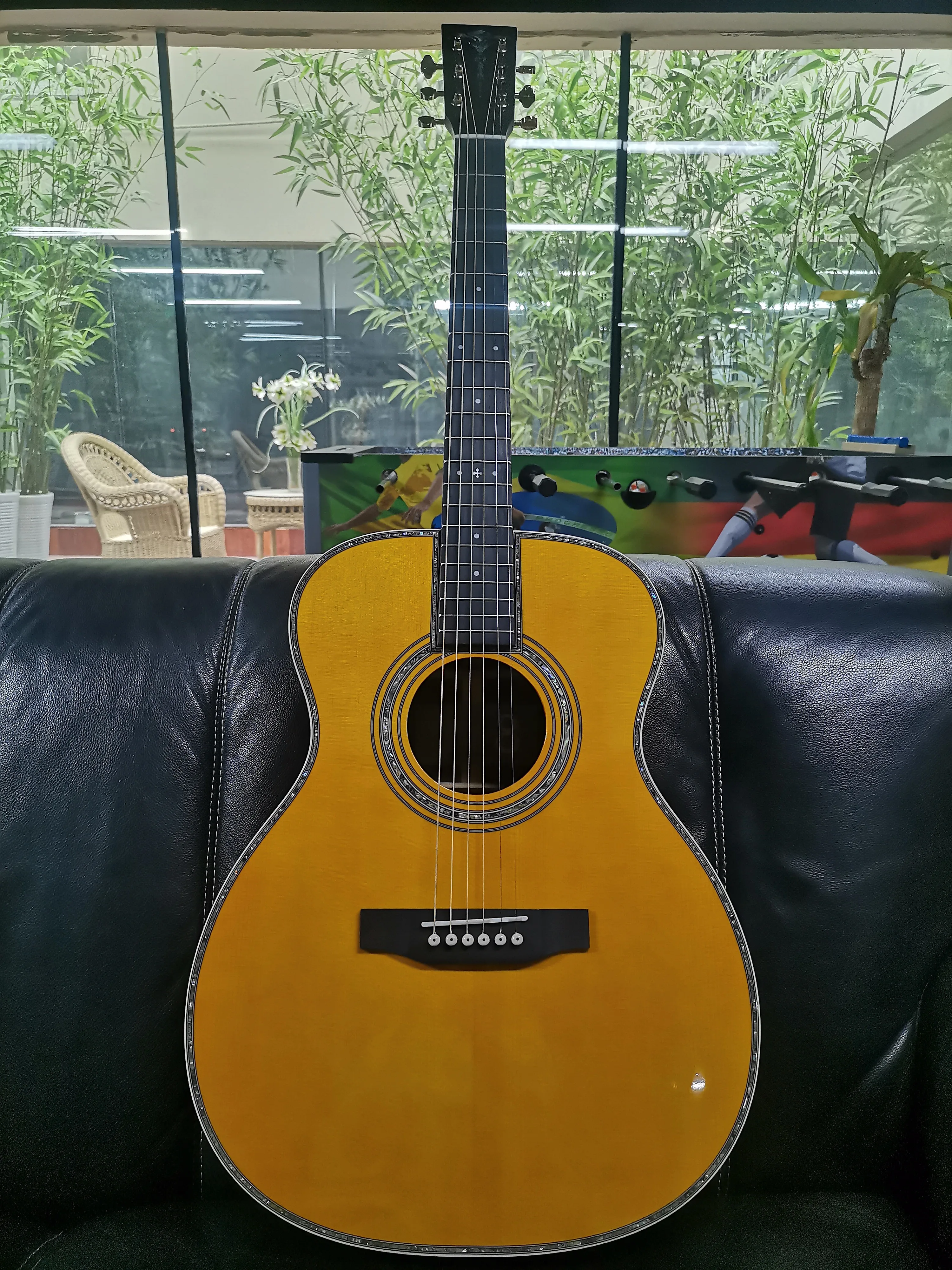 customize fully abalone OM acoustic guitar solid spruce one piece head ebony fretboard acoustic electric guitars