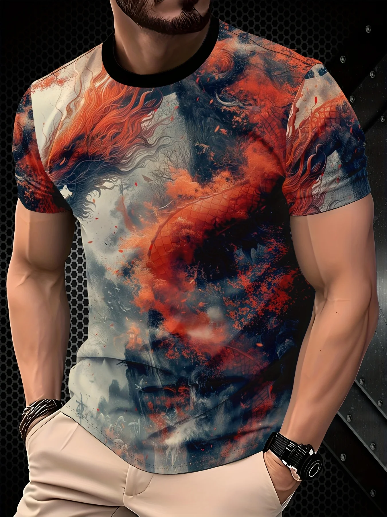 Men Red Dark Gray Ink Fluid Marbling Print Black Crew Neck Short Sleeve T-shirt