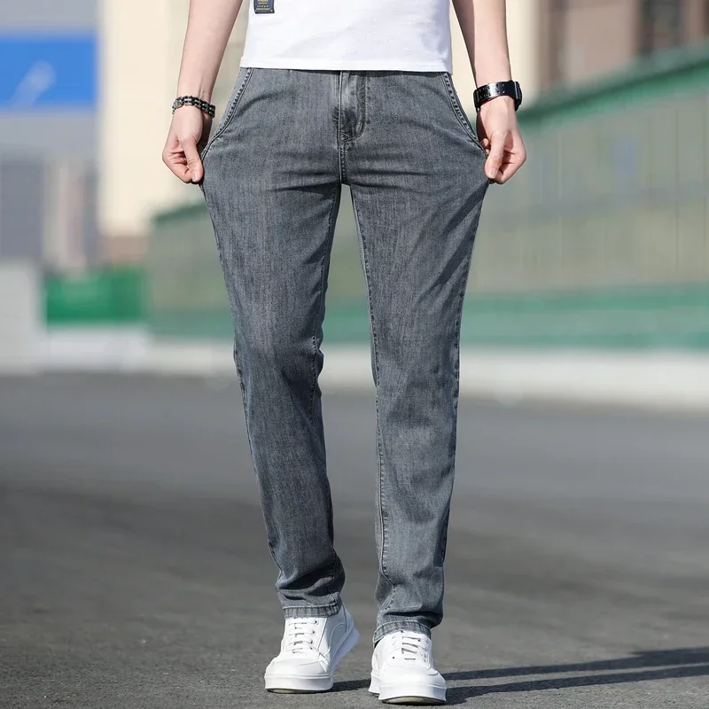 2026 Summer New Men's Loose Stretch Gray Jeans Fashion Casual Stretch Straight-leg Denim Pants Male Light Blue Brand