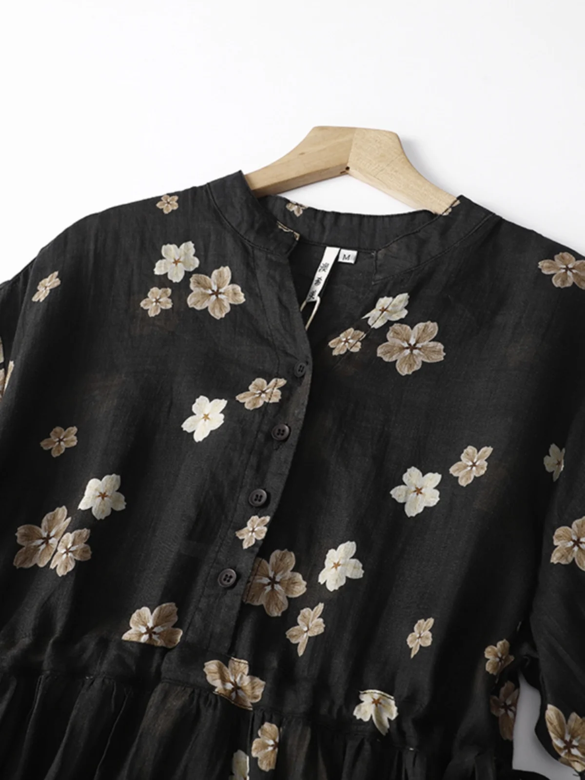 레트로 고급 린넨 플로럴 프린트 드레스 여성용 반팔 벨트 허리 조임 롱 스커트 출퇴근 스타일 프린트 시스루 원단