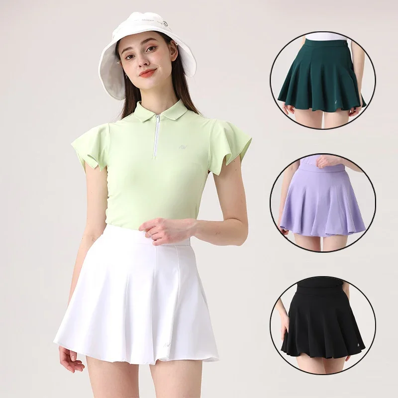 Azureway Summer Golf Women's Outdoor Sports Skirt Fashion Solid Color Pleated Short Skirt High Waist Breathable Golf Skorts