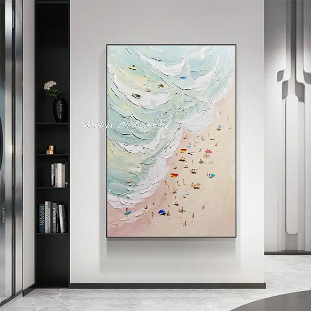 Arthyx Handmade Palette Knife Abstract Seaside Scenery Oil Painting On Canvas,Modern Home Decor Wall Art,Picture For Living Room