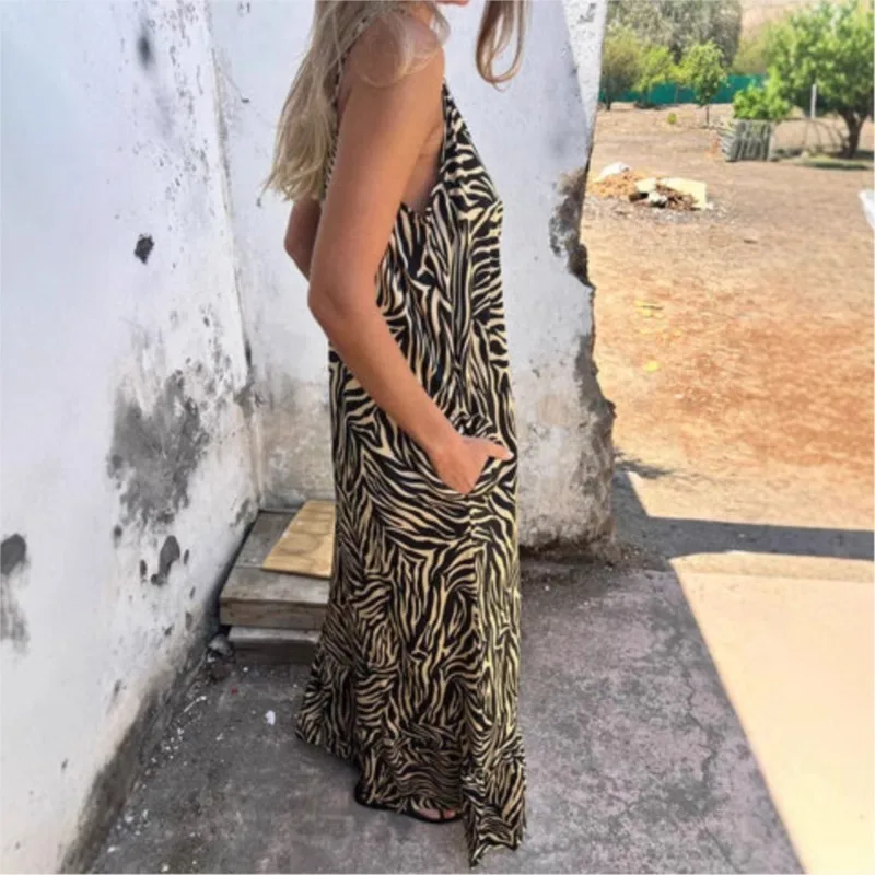 여름 섹시 슬림 어깨 스트랩 Boho 드레스 여성 딥 v 넥 민소매 큰 주머니 루스 비치 파티 드레스 밑단 프릴 가운