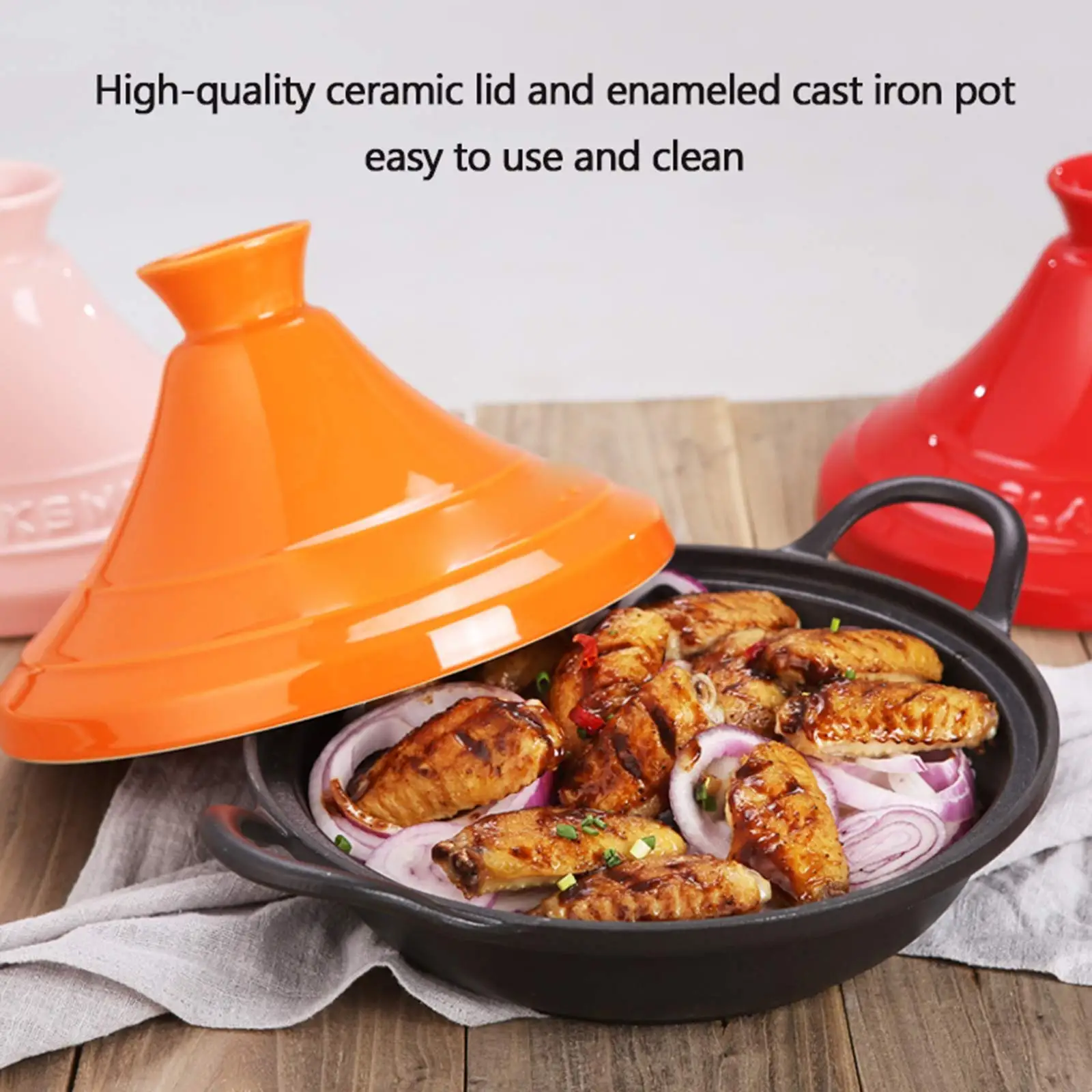 Moroccan Tagine Enameled Cast Iron Cooking Pot 27cm Tajine with Ceramic Cone-Shaped Lid 3 QT Casserole Dish For Cooking and Stew