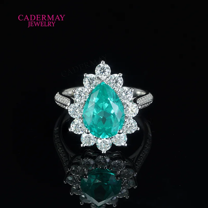 Anillos Paraiba de laboratorio S925, plata S925, 8x11mm, forma de pera, Paraiba YAG con moissanita, anillo de compromiso de boda pavimentado para regalo de mujer