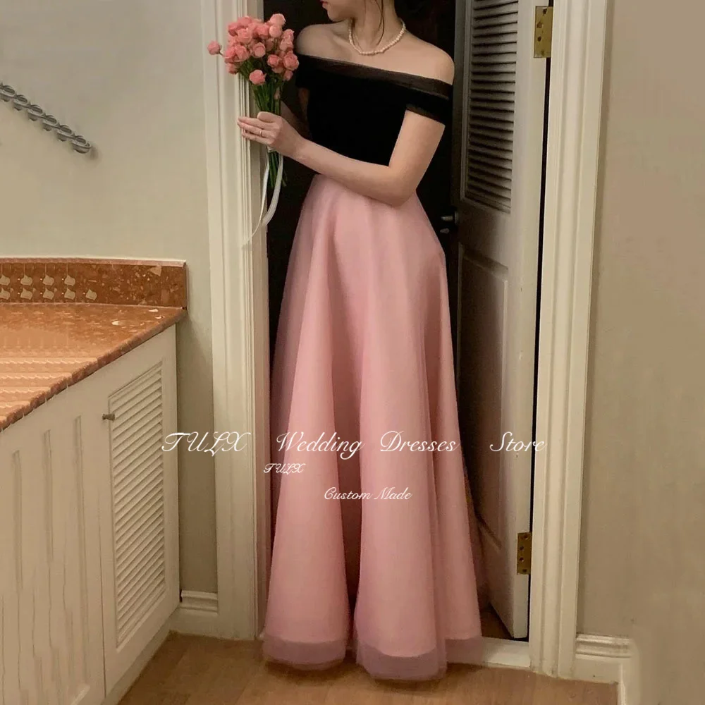 TULX Simple Black And Pink Korea Evening Dresses For Wedding Party Strapless Ankle Length Prom Gowns Formal Occasion Dress