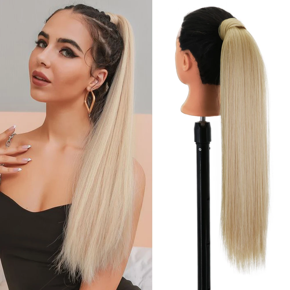 32inches Synthetic Ponytail Hair Extension Clip in Fake Wig Hairpiece Blonde Wrap Around Pigtail Long Smooth Overhead Pony Tail