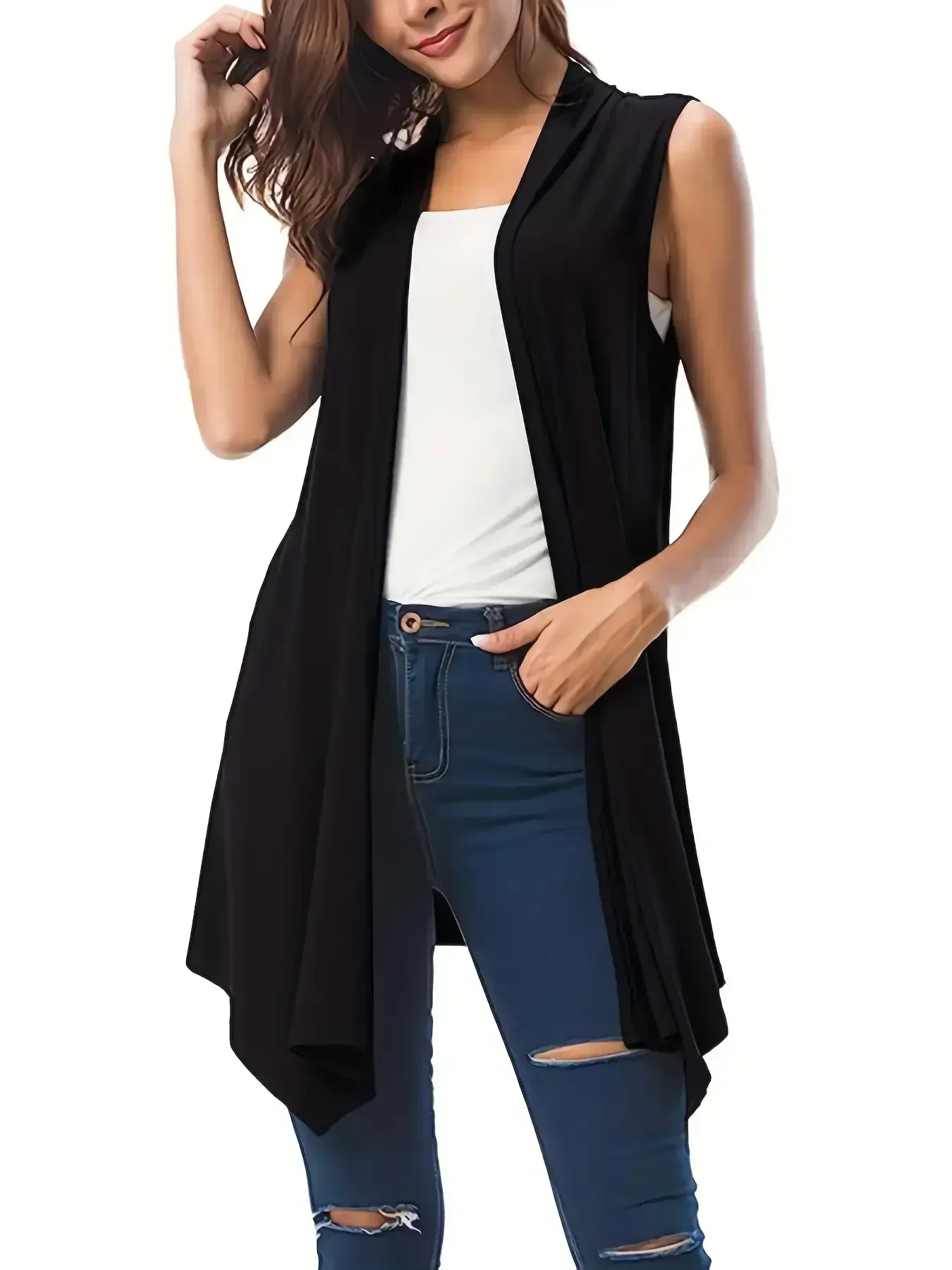 Women\'s Plus Size 1XL-5XL Asymmetrical Hem Sleeveless Cardigan Versatile Solid Color Casual Cardigan Simple Fashionable Cardigan