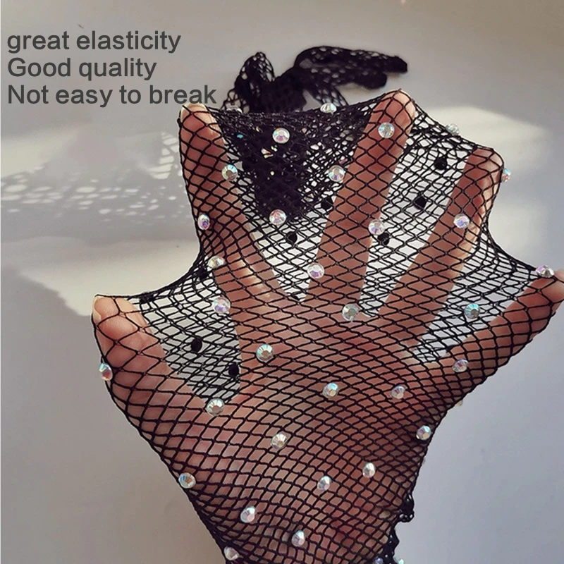 1 Pair Mesh Full Finger Arm Sleeves Long Gloves Long Sexy Rhinestones Diamond Fishnet Gloves for Outdoor Activities Dropshipping