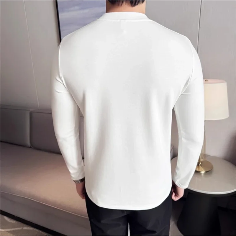 Men's Fashion Thicken Tights Stretch T-shirt, Slim Fit Henry Collar Long Sleeve Bottoming Shirt, All-Match Bottoming Shirt