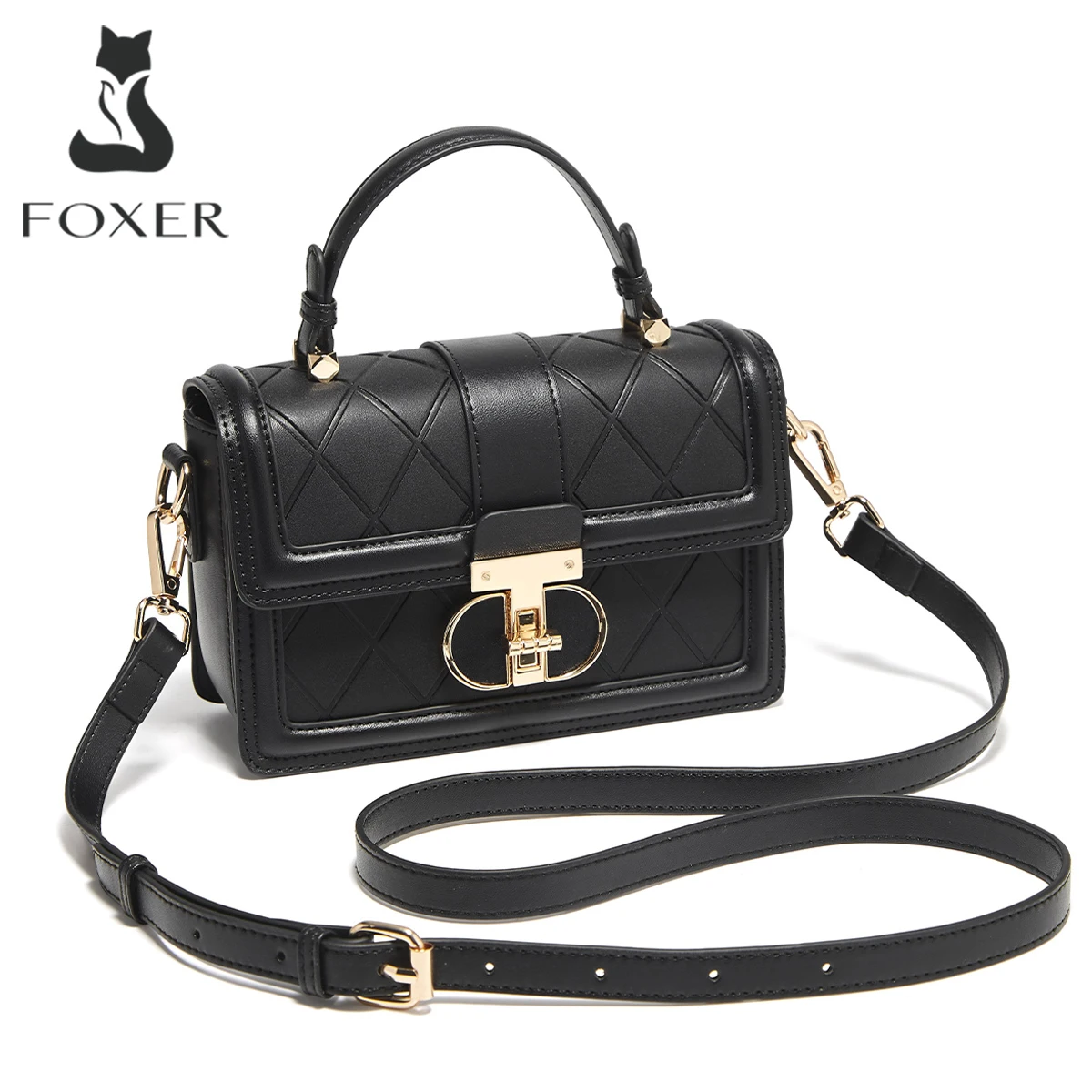 FOXER Split Leather Women Top-handle Bag 2026 New Versatile Diamond Grid Crossbody Bag Lady Shoulder Bag Purse