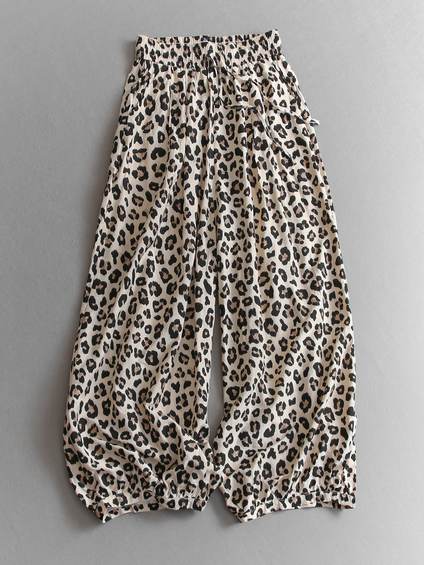 Retro Leopard Print Drawstring Elastic Waist Loose Thin Cool Feeling Wide Leg Pants Lantern Pants Women Casual Pants T492