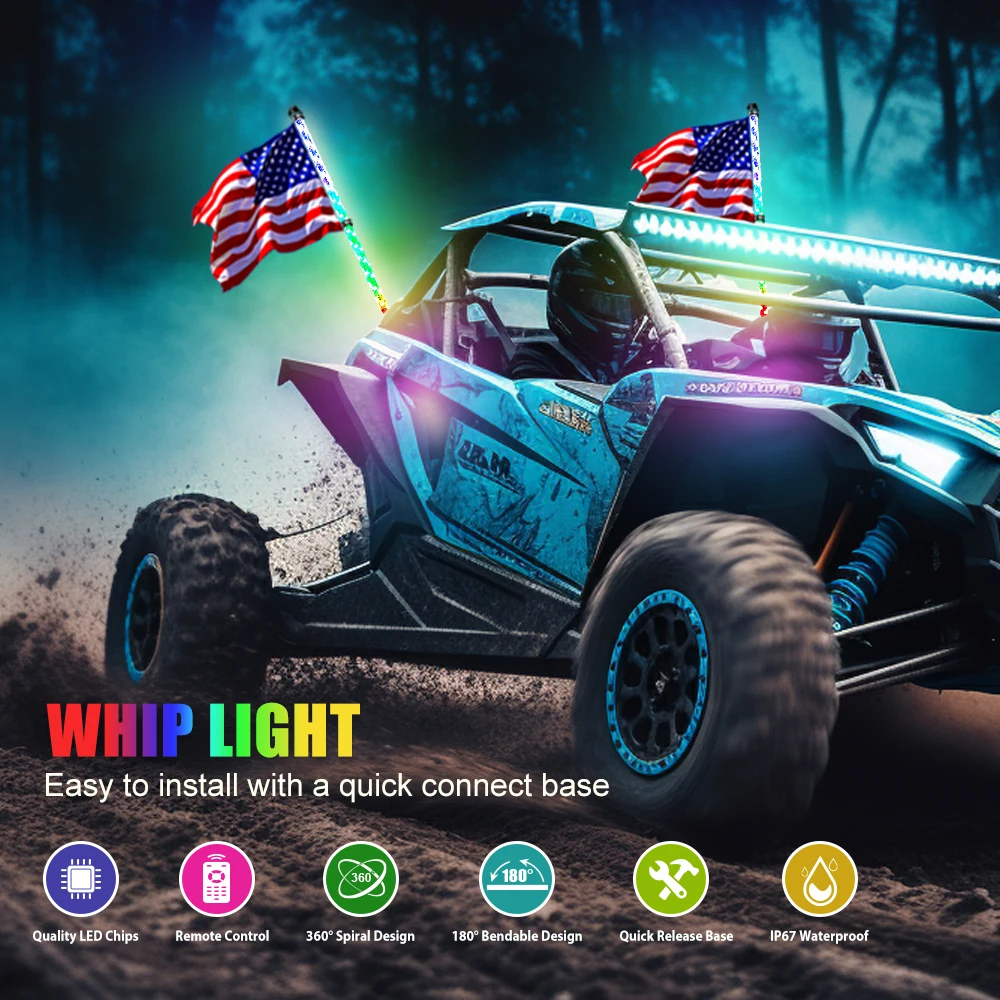 2pcs 50cm Spiral RGB LED Whip Lights Remote Control Antenna Whips for Can-Am Atv Utv Rzr Polaris Sand Dune Buggy Off-Road Truck
