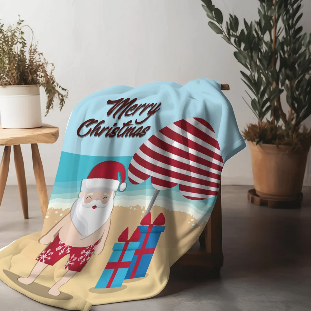 TU Santa Claus Beach Throw Blanket Christmas Holiday Gift Cozy Home Decor Festive Reindeer Snowman Winter Vacation Gift Novelty