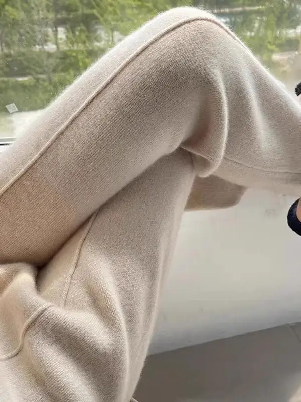 肥厚ハイウエストニットウールワイドレッグパンツ女性の秋ストレートカット床長ズボンカジュアルパンツ通勤