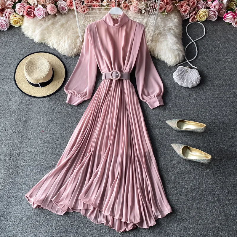 

Lightly Mature And Graceful Stand Collar Dress Lantern Sleeve Spring And Autumn Temperament Waist Control Slimming Over Knee Lar