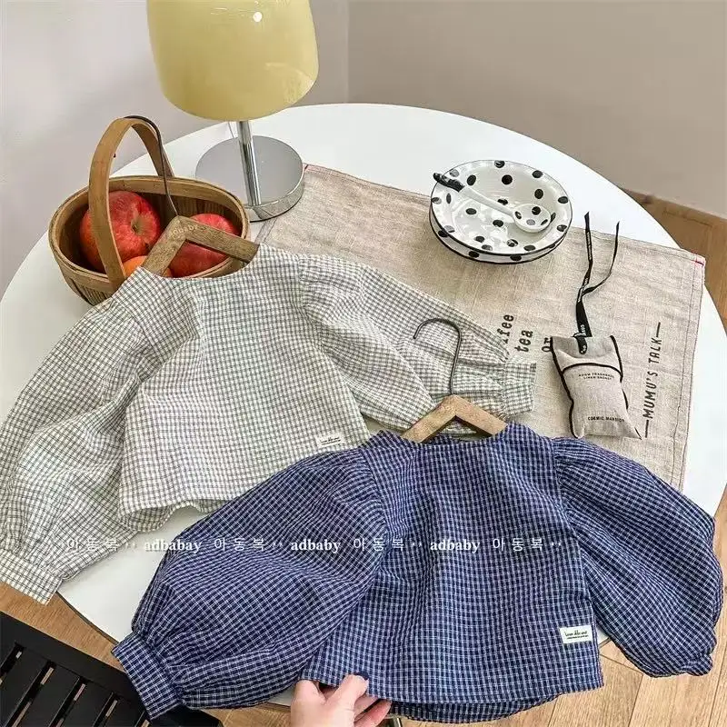 Spring and Autumn New Korean Style Baby Girls Plaid Blouses Puff Sleeve Loose Tops Toddlers Kids Casual Shirts