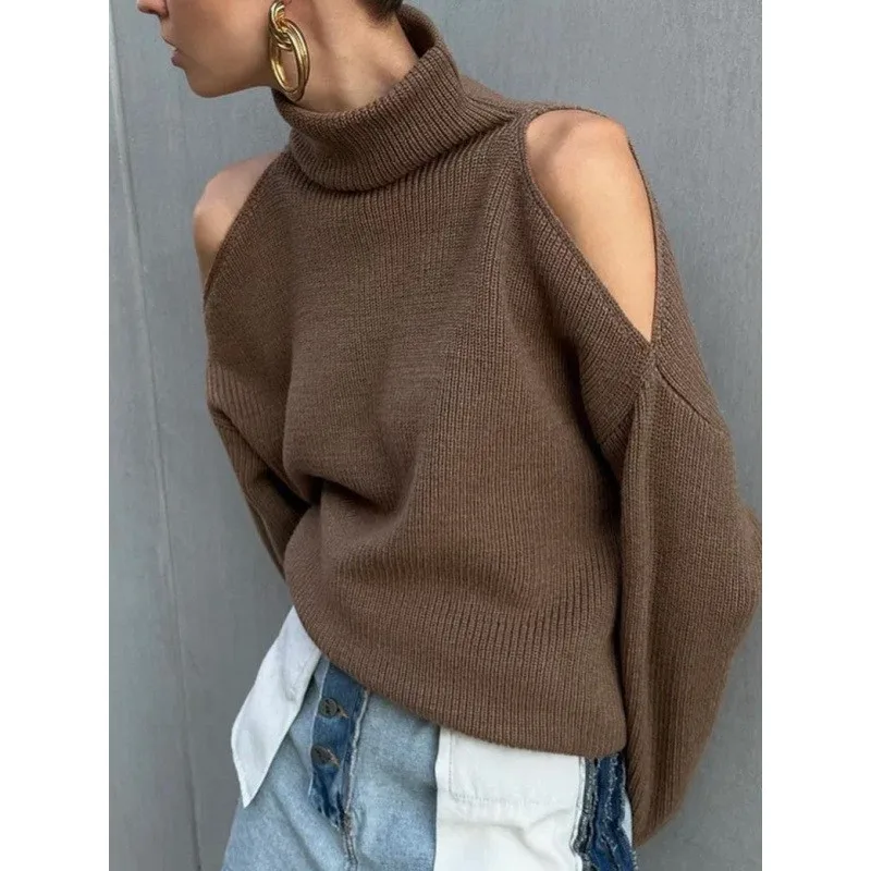 

Свитер с открытыми плечами, высоким воротом и длинными рукавами, модный свободный драпированный пуловер, осенне-зимний новый шерстяной топ для женщин