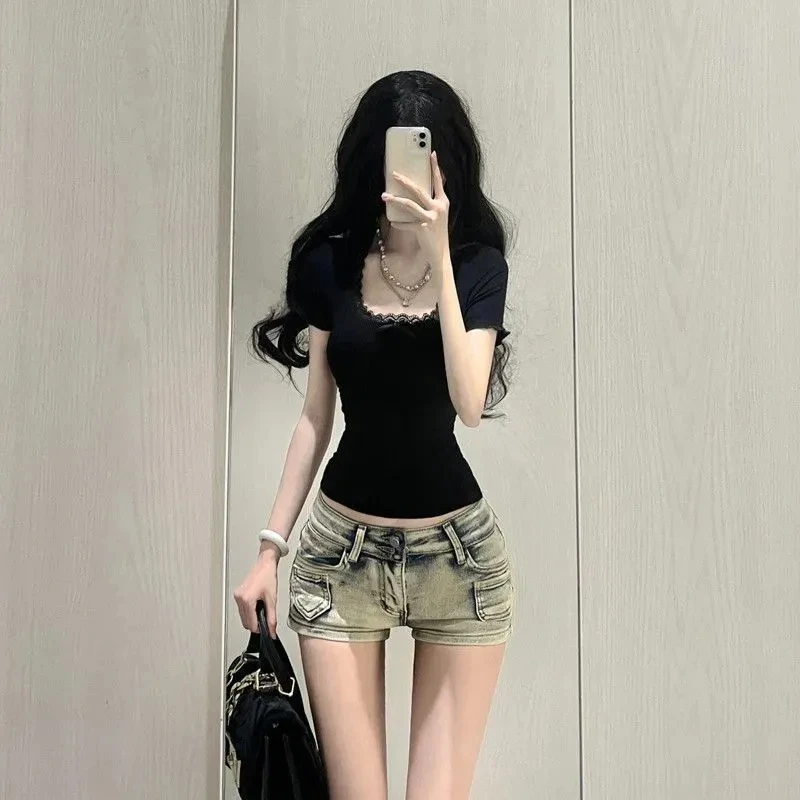 American Retro Bodycon Short Jeans Women Casual Patchwork Button Zipper Streetwear Low Waist Summer Distressed Sexy Vintage