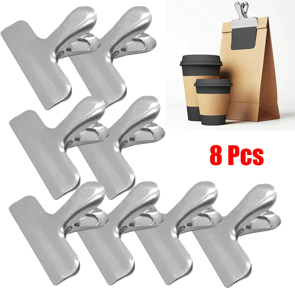 8Pcs Chips Bag Metal Seal Clips Stainless Steel Food Snack Clips 6.5*5.5cm Quick Clamping For Home Kitchen Storing Supplies