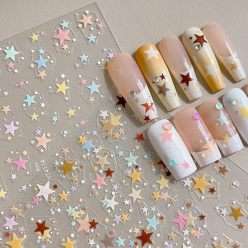 5D Relief Kawaii Colorful Star Nail Art Stickers Multi Macaron Mangxing Nail Decorations Self Adhesive Decals Accessories DIY