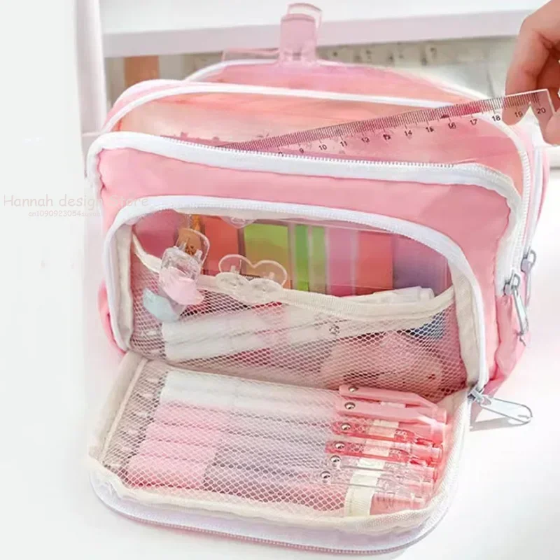 Girls School Supplies Pink Aesthetic Pencil Bag Large Capacity Pencil Cases Cute Korean Stationery Holder Bag Zipper Pencil Case