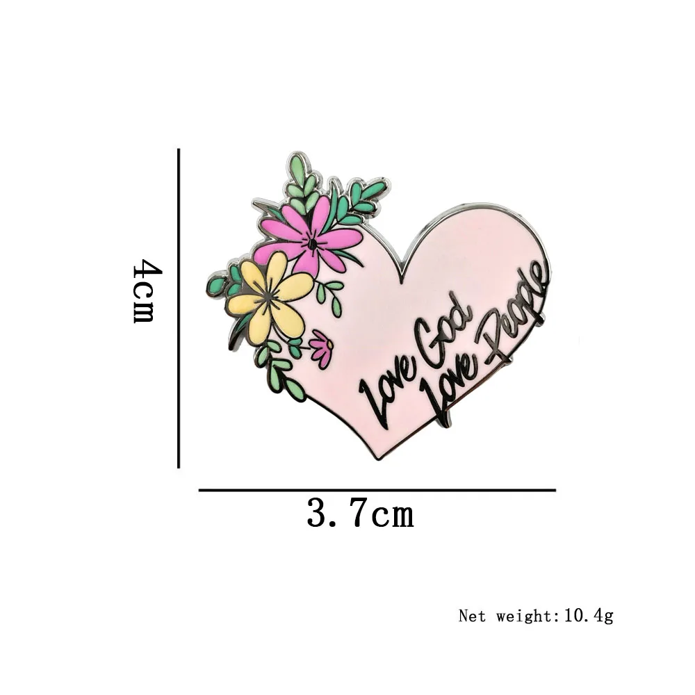 Liebe Gott, liebe Menschen – Brosche, Blumen- und Herzform, rosa Abzeichen, Glaube, Segen, Metallnadel, modischer Kragenanhänger, Rucksackzubehör. – Detail 2
