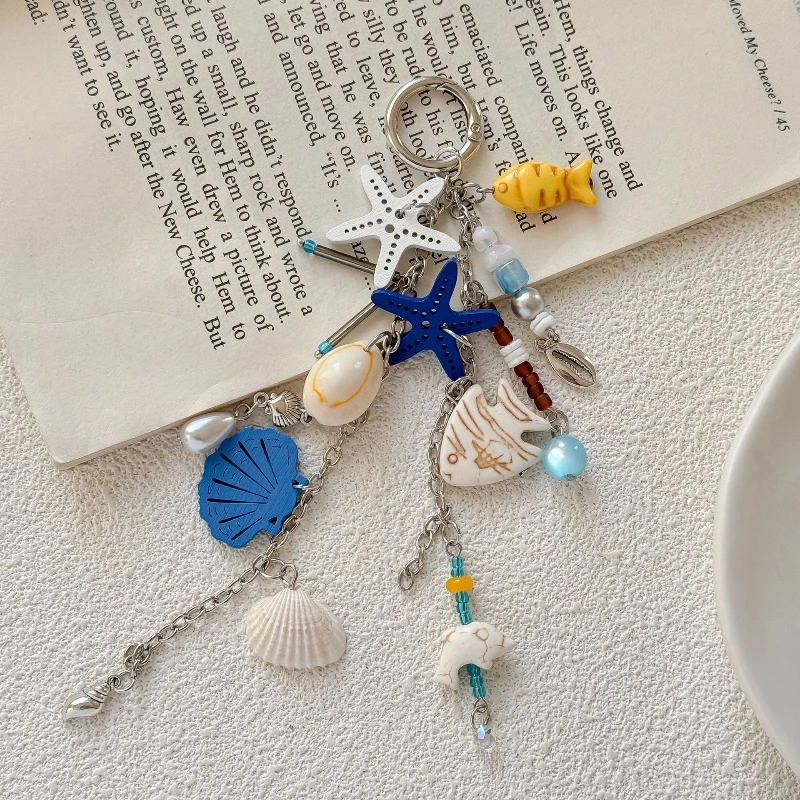 New Starfish Keychain, Ocean-Themed Multi-Strap Keychain, Starfish Shell Fish-Shaped Bead Combination, Full of Atmosphere, Versatile and Practical, Niche High-End Resort-Style Bag Charm, Ocean Series Pendant, Starfish Keychain Bag Charm, Car Charm