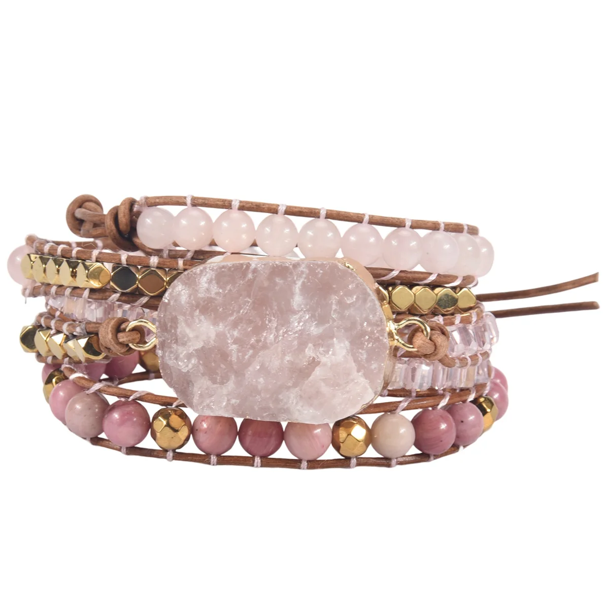 Natural Stone Bracelet Pink Quartz Leather Wrap Bracelets for Women Rose Gems Crystal Beads Bohemia Jewelry