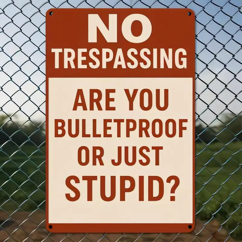 Retro No Trespassing Metal Sign, Red - White Warning Design, Iron Material, Humorous Bulletproof Alert, Perfect for Yard/Fence/P