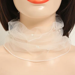 Transparent Lace Beaded Scarf Thin Sunscreen Scarves Organza Elastic Small Neckerchief Mesh Fake Pearl Collar Elegant Scarf