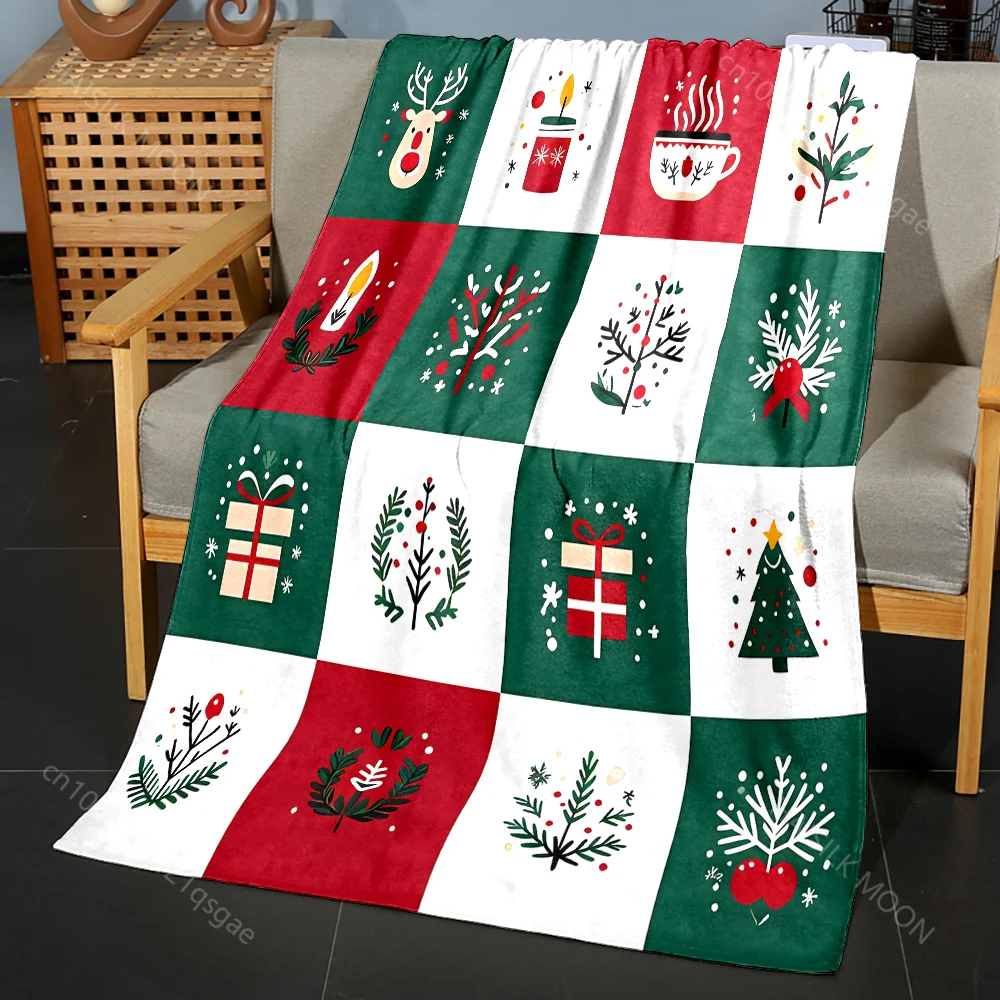 Multiple Sizes Christmas-themed Grid Pattern Blanket Flannel Material Soft Warm for All Seasons, Home Outdoor Camping Picnics RV