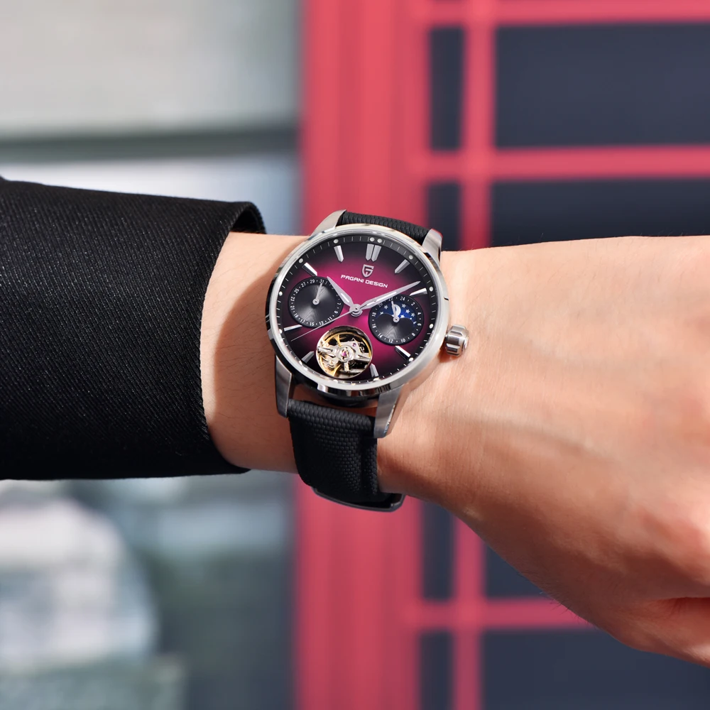 PAGANI تصميم جديد جوفاء ساعات رجالية القمر المرحلة الميكانيكية ساعة أوتوماتيكية الرجال AR الياقوت مضيئة مقاوم للماء ساعة جلدية #2