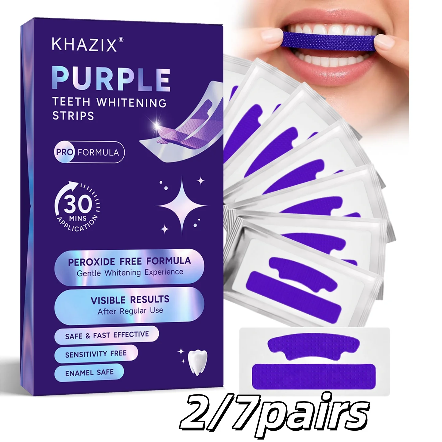 2/7pairs  Teeth Whitening Strips, Purple Whitening Dental Strips Kit, Enamel Safe Oral Care, Gentle Tooth Whitening Treatment
