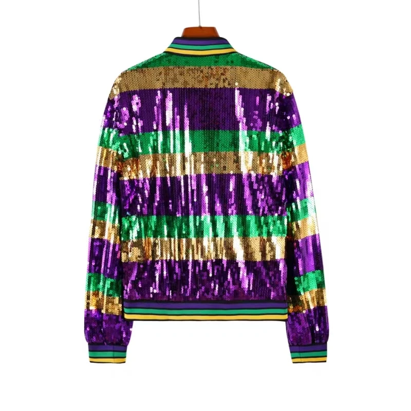 Autumn New Long Sleeve Sequins Streetwear Patchwork Color Female Jackets Round Neck Hip Hop Straight High Quality Women's Coats