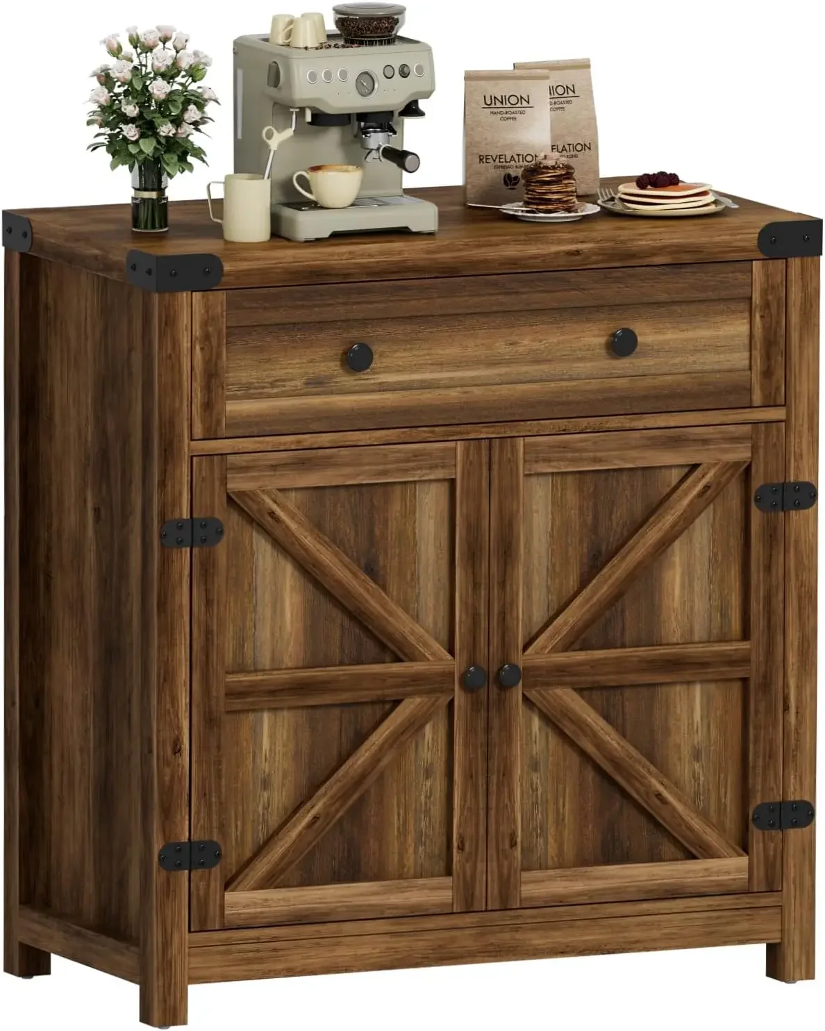 Coffee Bar Accent Cabinet, Farmhouse Barn Door Buffet Sideboard with Drawer and Adjustable Shelf