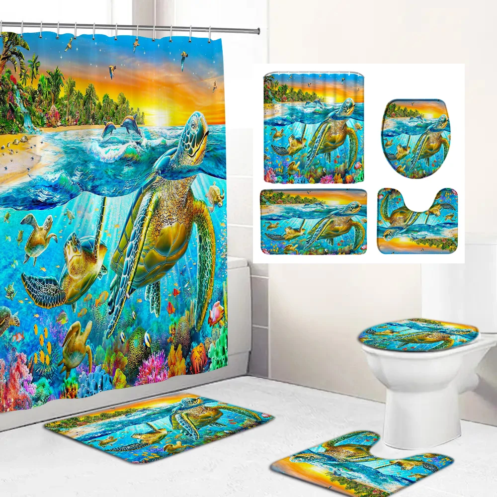 

Sea Turtles Ocean Dolphin Bathroom Waterproof Shower Curtain Set with 12 Hooks Bath Non-Slip Mat Rugs Carpet Toilet Seat Cover