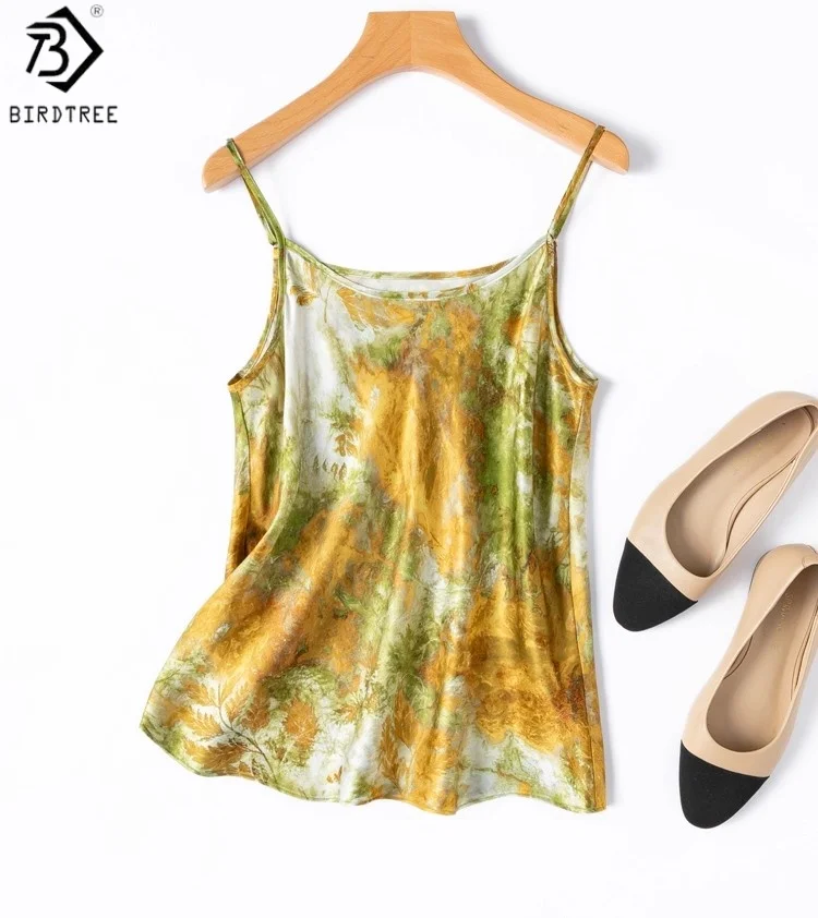 

Birdtree Lining 21MM 100% Mulberry Silk Golden Camisole,Women Plain Satin Bias-cut Sling Vest,2025 Summer Tops T57207JF