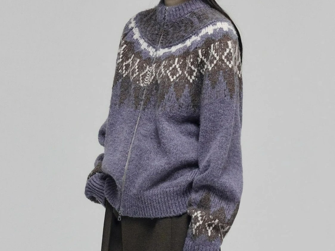 

Retro Patterned Double Zipper Sweater Jacket for Women's Autumn and Winter High-end Knitted Cardigan