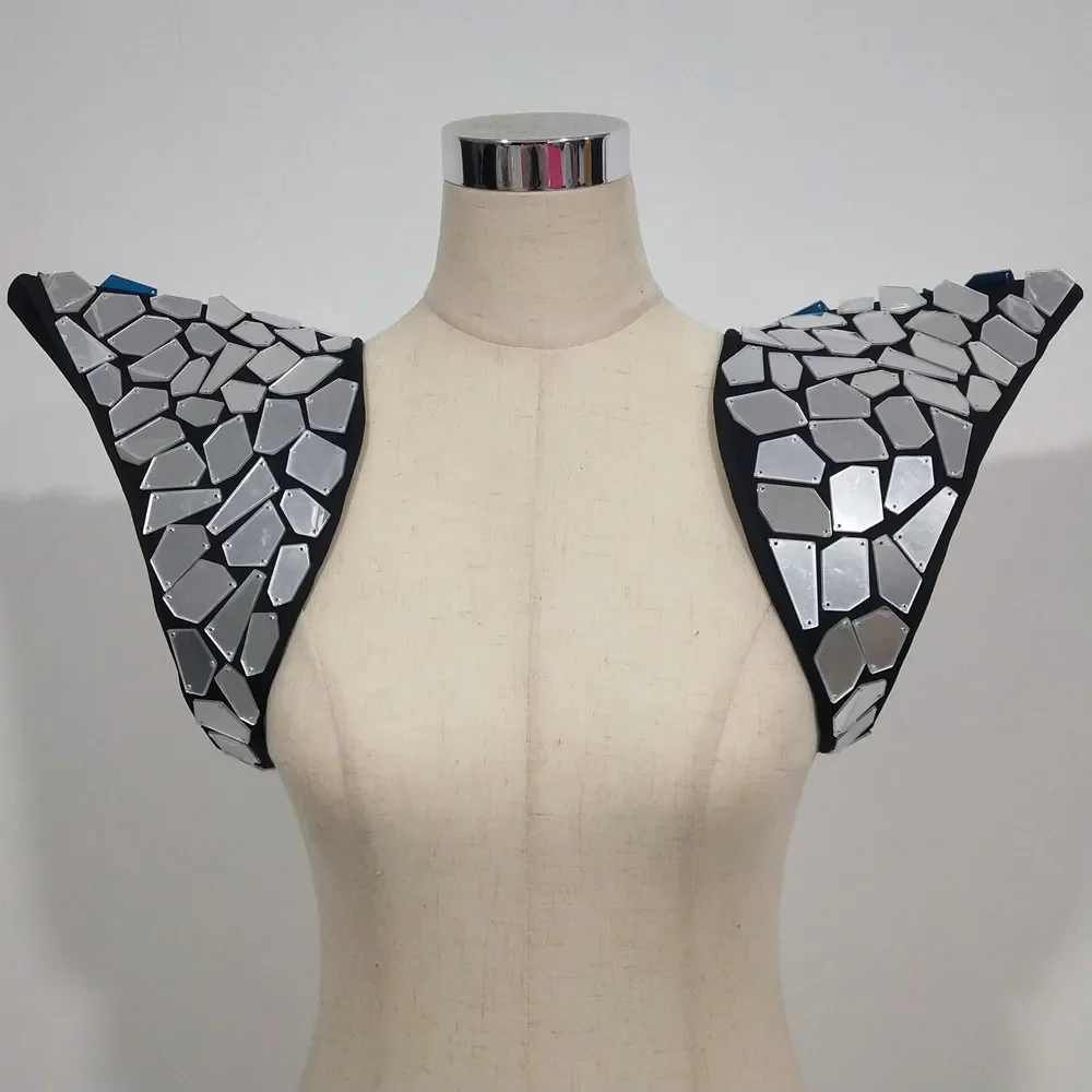 

Silver Mirror Sequins Shoulder Pads Vest Waistcoat Male Women Singer Dance Stage Performance Dance Costume