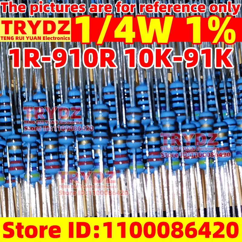 

100pcs 1/4W 1% New 1R-910R 10K-91K 1.1R 3.6R 4.7R 6.8R 13R 51R 47R 82R 30K 20K 18K 39K 68K 120R Metal film 5-color ring resistor