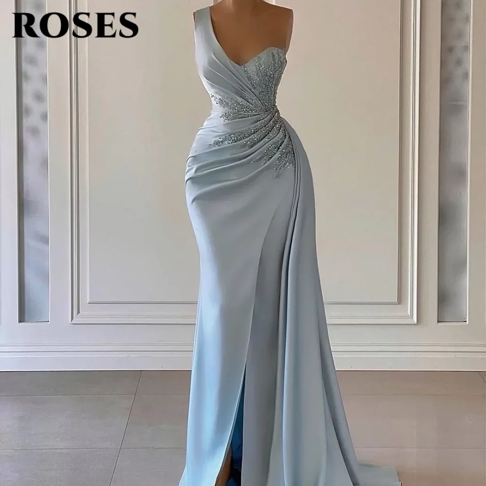 

ROSES Blue Elegant Prom Dress for Woman Sweetheart One shoulder Evening Gown Satin Sequin High Slit Bridesmaid Dresses 프롬 드레스