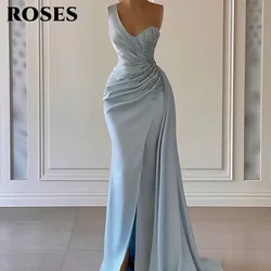 ROSES Blue Elegant Prom Dress for Woman Sweetheart One shoulder Evening Gown Satin Sequin High Slit Bridesmaid Dresses 프롬 드레스